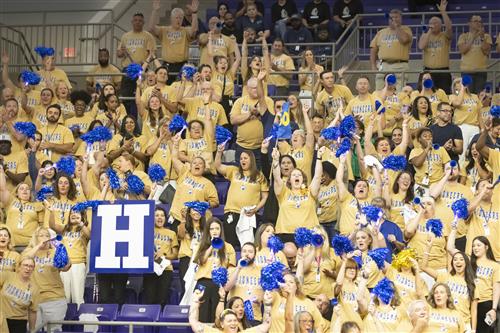 A bunch of people in gold shirts in a gym stands cheering
